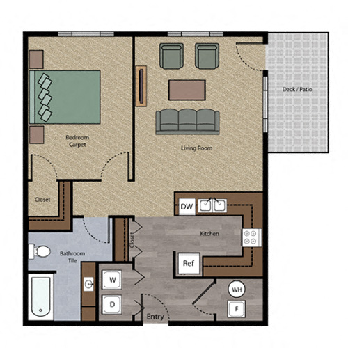 Floor plan for 1 bed, 1 bath, 875 sqft